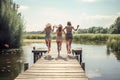 Three girls jumping on a wooden pier on the lake in summer. Generative AI Royalty Free Stock Photo