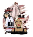 Three girls model in fashionable clothes and accessories. Vector trendy sketch illustration. Royalty Free Stock Photo