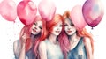 Three girls with pink balloons, happy children\'s day colorful illusstration generative ai