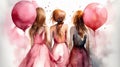 Three girls with pink balloons, happy children\'s day colorful illusstration generative ai