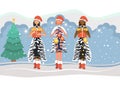 Three girls are ready for the New Year, Christmas. Multinational girls in Santa hats and tiger print dresses