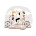 Three girls ride a triple bike. Vector image