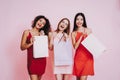 Three Girls with Shopping Bags on Pink Background.