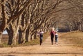 Three girls sisters running skipping down dirt road tree lined Royalty Free Stock Photo