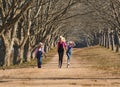 Three girls sisters running skipping down tree lined dirt road Royalty Free Stock Photo