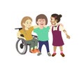 Three girls with special needs hugs and smiling together , disable girl on a wheelchair, one with down syndrome and dark color