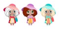 three girls in summer beach dresses, sundresses, hats, beach bags, clogs and a phone Royalty Free Stock Photo