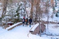 Three girls walk on a stone bridge in Altinkoy Ankara/Turkey