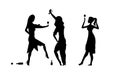 Three Girls, womens. Ladys drinking. Drunk people, drunk party event, vector silhouettes. Bachelor holiday, illustration on white