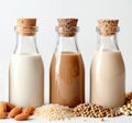 Three glass bottles of different vegan alternative milks. Almonds, rice and soy milk on a white background. Vegetarian Royalty Free Stock Photo
