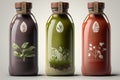 Three glass bottles with green and brown leaves on gray background Royalty Free Stock Photo