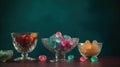 three glass bowls filled with gummy bears on a table Royalty Free Stock Photo