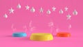 Three glass domes with colorful tray color on pastel pink background with hanging white balls and stars ornaments. Royalty Free Stock Photo