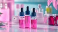 Pink Liquid in Glass Dropper Bottles Science Lab Beauty Product Skincare Cosmetics AI generated. Royalty Free Stock Photo