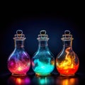 Three glass flasks with glowing magic potions of different colors over dark background with copy space. Generative AI