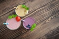 Three glass of fruit milkshakes Royalty Free Stock Photo