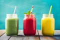 Three glass jars with colorful red yellow green smoothie from vegetables fruits berries. Healthy plant based diet detox vitamins Royalty Free Stock Photo