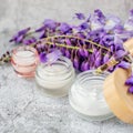 Three glass jars of cream and a sprig of blooming wisteria and natural flower oil in the dispenser are on a gray background.