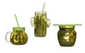 Three glass jars with lids and tubules with cucumber pickle isolated Royalty Free Stock Photo