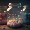 Three glass jars, in them colorful hearts. Heart as a symbol of affection and Royalty Free Stock Photo