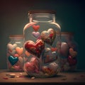 Three glass jars, in them colorful hearts. Heart as a symbol of affection and Royalty Free Stock Photo