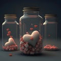 Three glass jars, in them white and red hearts with stones, dark background. Heart as a symbol of affn and love Royalty Free Stock Photo