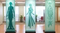 Three glass panels with silhouettes of women on them, AI