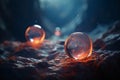 three glass spheres floating in water on a rocky surface Royalty Free Stock Photo