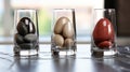 Three glass vases with different colored rocks in them. Generative AI image. Royalty Free Stock Photo