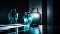 three glass vases sitting on a table in a dark room Royalty Free Stock Photo