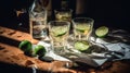 Three glasses of alcohol and limes on a table. Generative AI image. Royalty Free Stock Photo