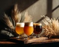 Three Glasses of Beer on Wooden Tray with Pampas Grass Royalty Free Stock Photo