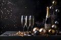 Three champagne glasses, gold streamers and confetti on dark background.New Year\'s Eve background, banner.