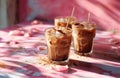 three glasses of coffees in a pink background