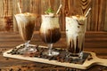 Three glasses of different cold coffee drinks. Royalty Free Stock Photo