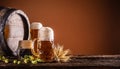 Three glasses with draft beer in front of a wooden barrel. Decoration of barley ears and fresh hops Royalty Free Stock Photo