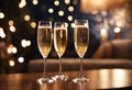 three glasses filled with champagne are on the table in front of a christmas tree