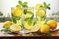 Three glasses filled with lemons and mint leaves stands on the table in the rays of the summer sun. Generative AI Royalty Free Stock Photo