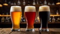 Three Glasses of Fresh Beer on a Bar or Pub Counter - Generative Ai Royalty Free Stock Photo