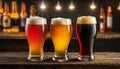 Three Glasses of Fresh Beer on a Bar or Pub Counter - Generative Ai Royalty Free Stock Photo