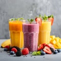 Three glasses of fresh fruit smoothies with berries, kiwi, and mint on a dark slate background Royalty Free Stock Photo