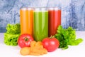 Three glasses with fresh vegetable juices. Close-up. Royalty Free Stock Photo