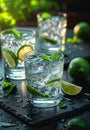 Three glasses of gin and tonic with lime and mint on slate Royalty Free Stock Photo