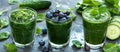 Three Glasses of Green Smoothie With Blueberries and Cucumbers Royalty Free Stock Photo