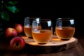 Three glasses with homemade apple juice or cider on wooden table. Generative AI