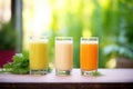 three glasses, incremental juice fill, greenery background