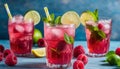 Three glasses of raspberry lemonade with mint and limes