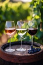 Three glasses of red, rose and white wine in the garden. Selective focus. Royalty Free Stock Photo