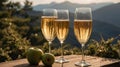 Three Glasses of Sparkling Cider with Apples on Wooden Table at Sunset Royalty Free Stock Photo