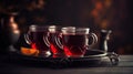 three glasses of tea on a tray with a slice of orange Royalty Free Stock Photo